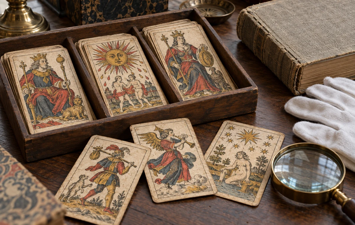 Cartes de tarot anciennes présentées avec une loupe et des gants, illustration