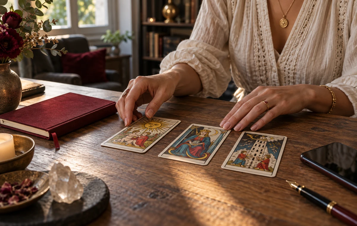 Des mains disposent des cartes de tarot sur une table, près d’un carnet et d’un téléphone
