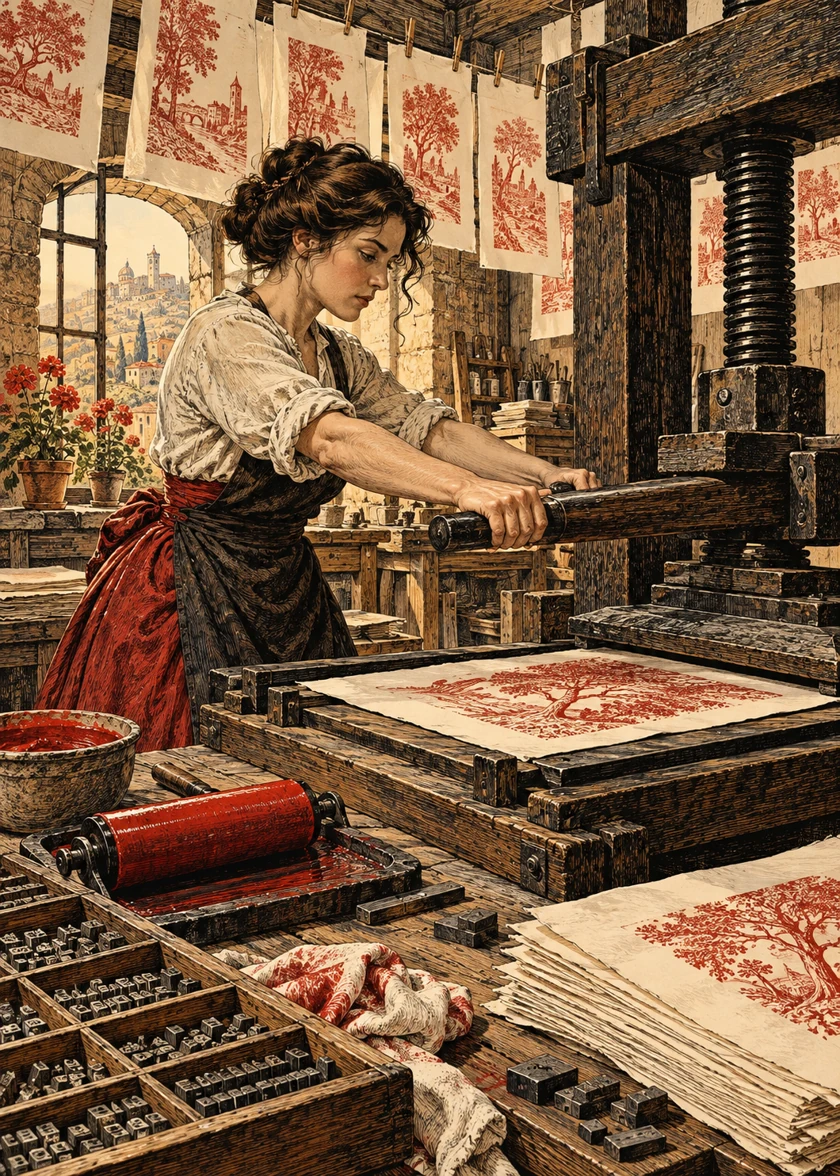 L’imprimeuse, scène illustrée pour le jeu des métiers