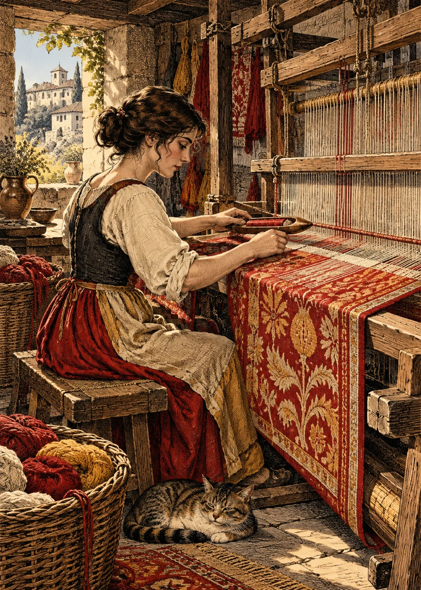La tisserande, scène illustrée pour le jeu des métiers