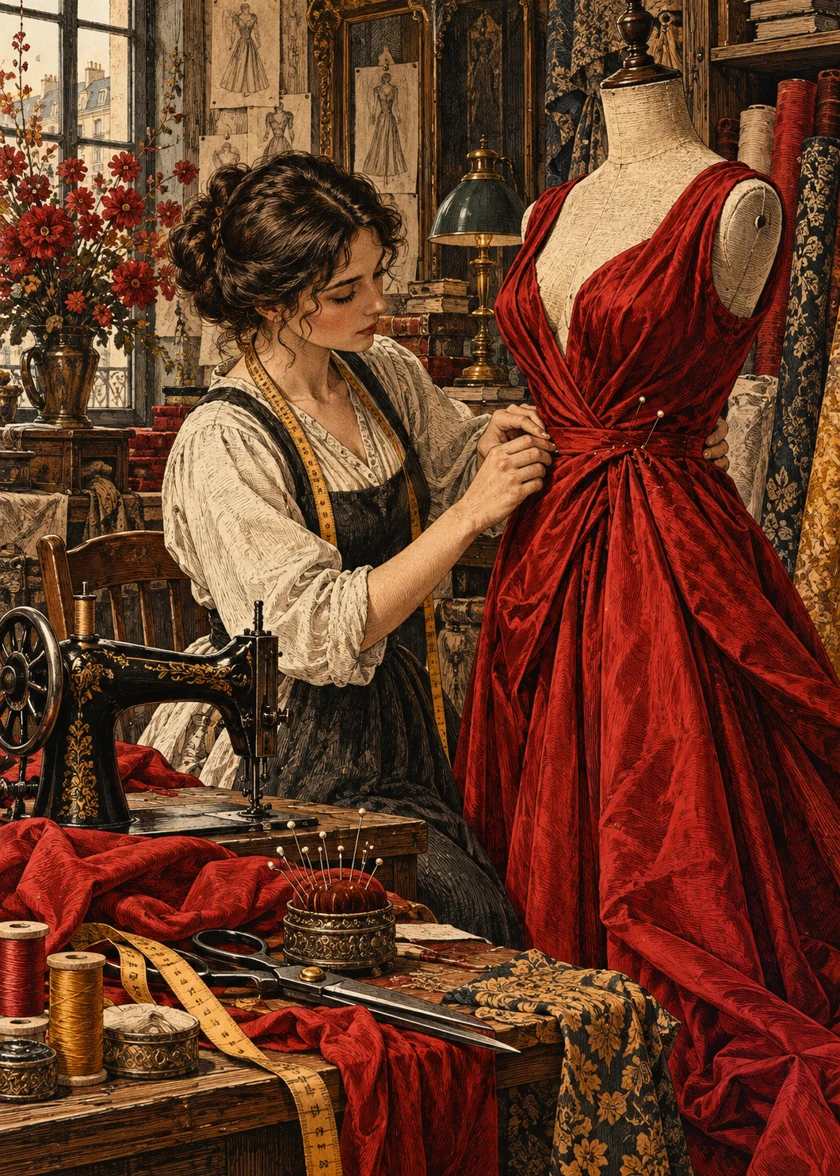 La couturière, scène illustrée pour le jeu des métiers