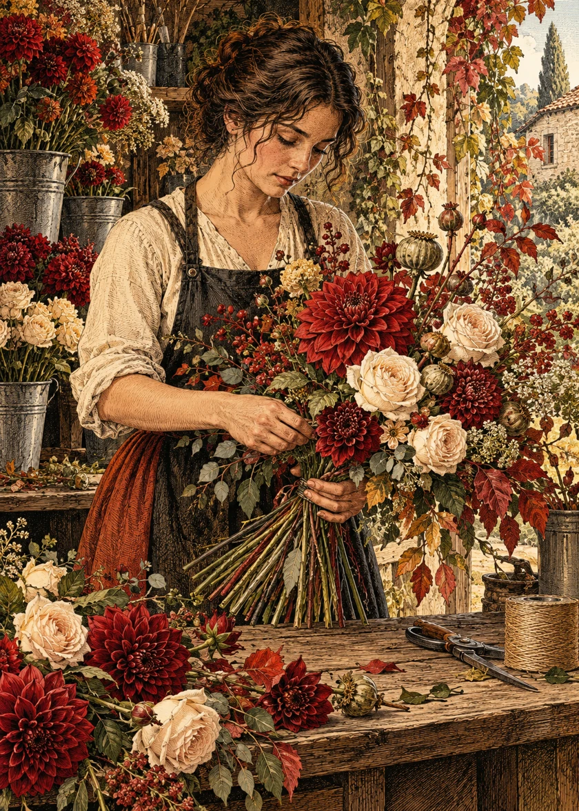 La fleuriste, scène illustrée pour le jeu des métiers
