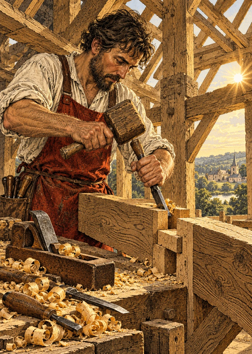 Le charpentier, scène illustrée pour le jeu des métiers