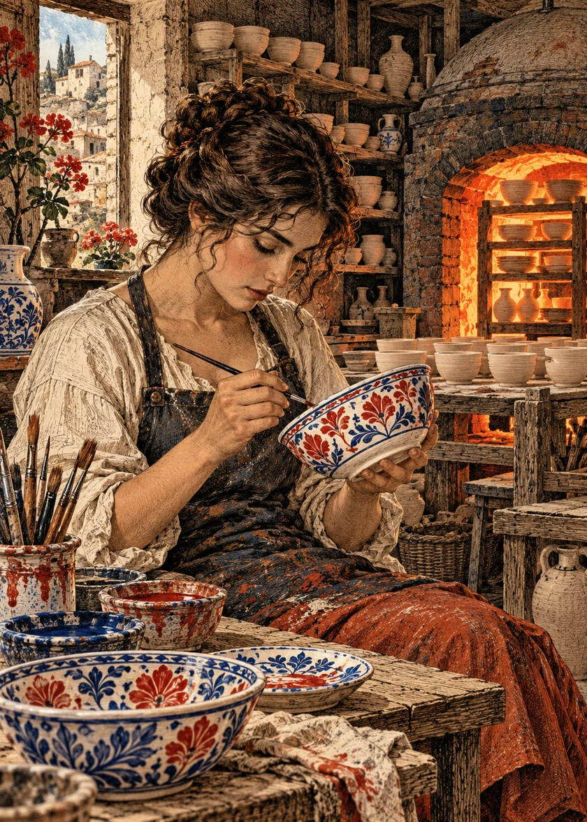 La céramiste, scène illustrée pour le jeu des métiers